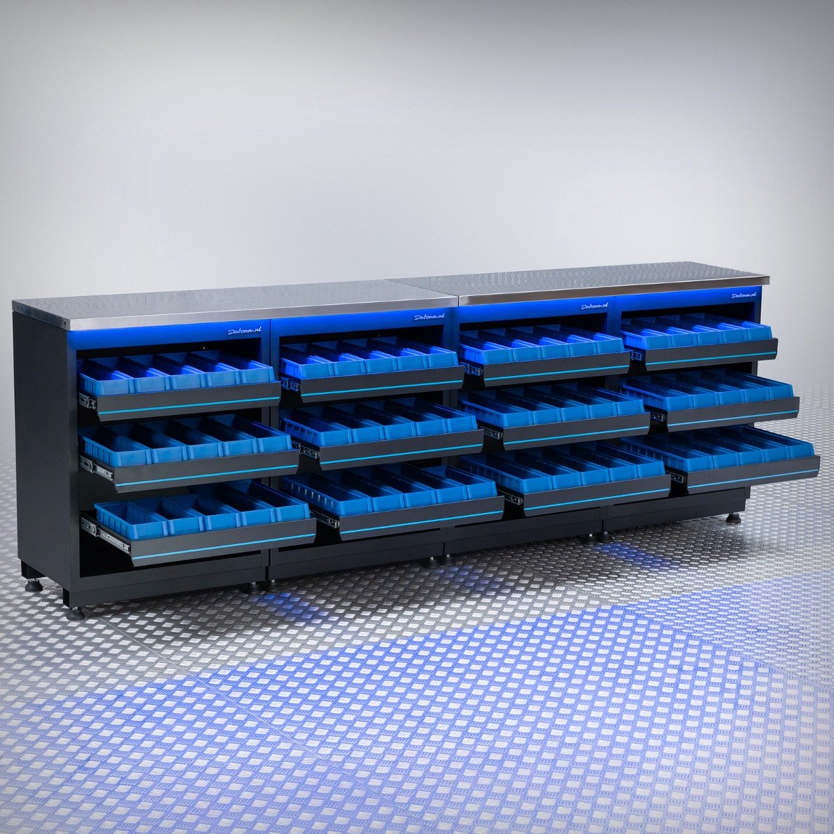 Datona® Werkbank PREMIUM RVS werkblad met opbergbakken – 272 cm - Zwart
