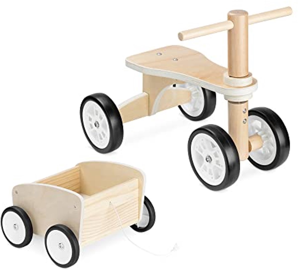 Navaris wooden balance bike with trailer - Toddler bike made of wood with 4 wheels - From 18 months - For boys and girls
