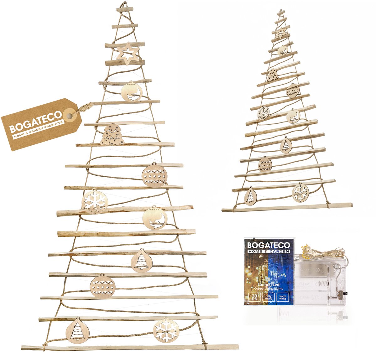 BOGATECO Handgemaakte kerstboom met decoraties, gemaakt van hazelnoothout | Decoratieve hangers | Houten panelen verbonden met een jute touw van 6 mm dik (205 cm met decoraties)