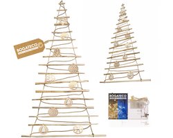 BOGATECO Handgemaakte kerstboom met decoraties, gemaakt van hazelnoothout | Decoratieve hangers | Houten panelen verbonden met een jute touw van 6 mm dik (205 cm met decoraties)