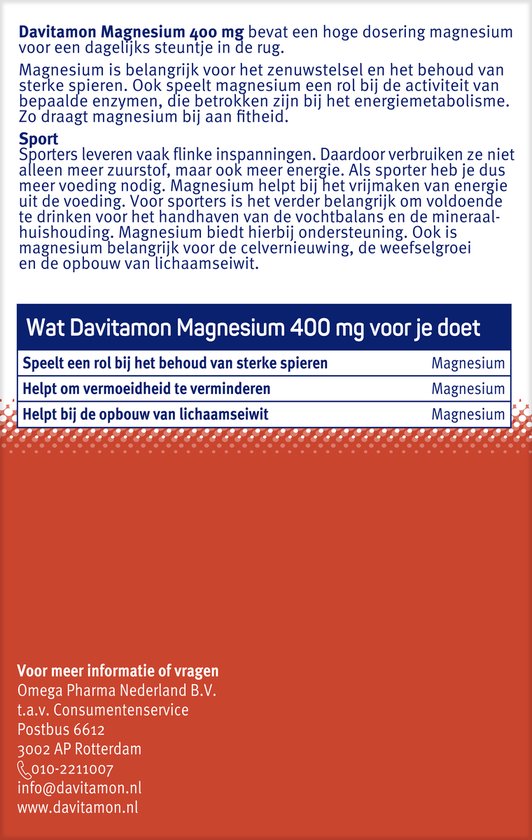 Achterkant van Davitamon Magnesium 400 mg doos met productinformatie.