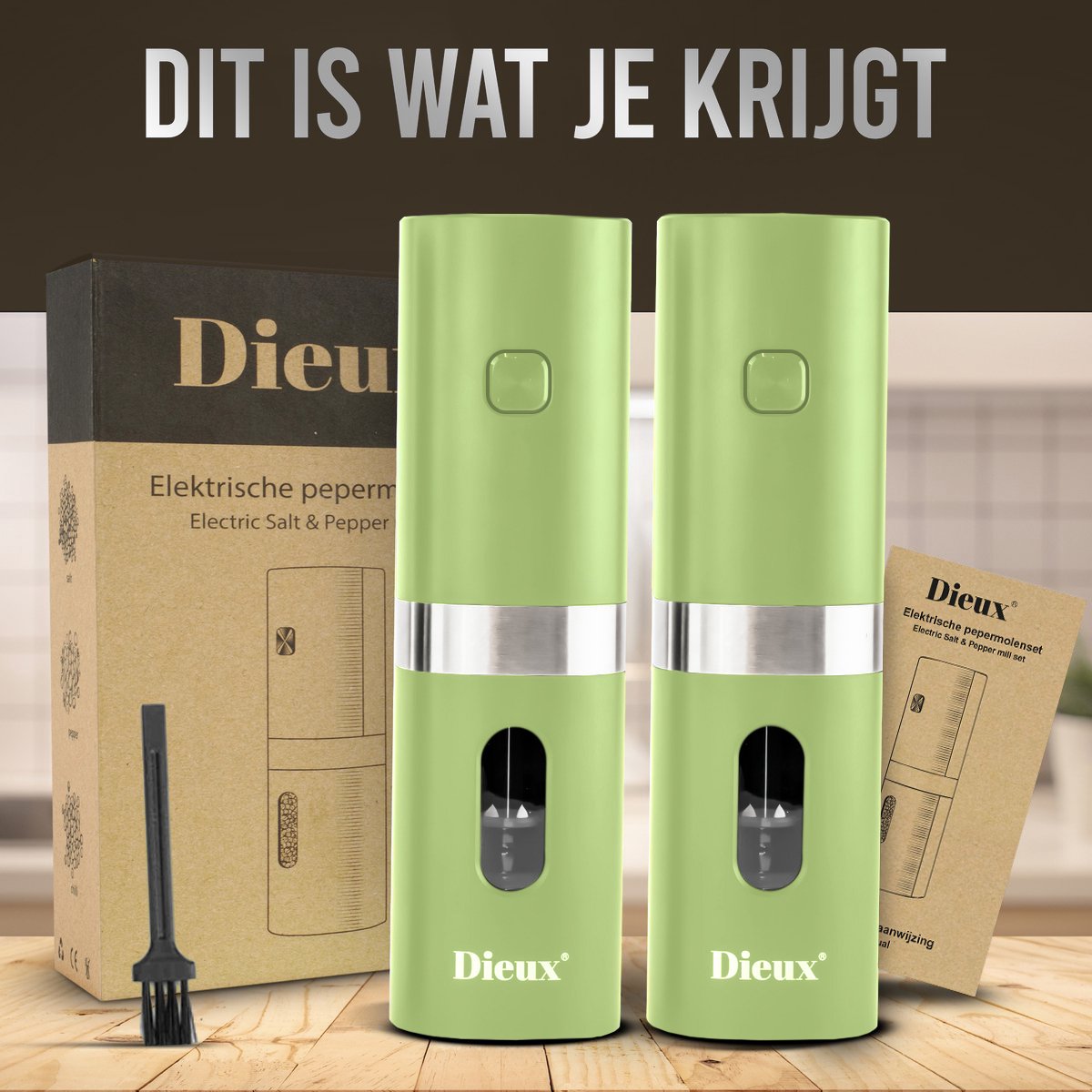 Dieux - Elektrisch Peper en Zoutmolen set - Groen - Pepermolen - Zoutmolen - 2 stuks - Instelbare maalgraad - Hervulbaar - Barbecue - BBQ accesoires - Luxe kwaliteit - Kruidenmolen — cadeau in Kookcadeaus - foto 7