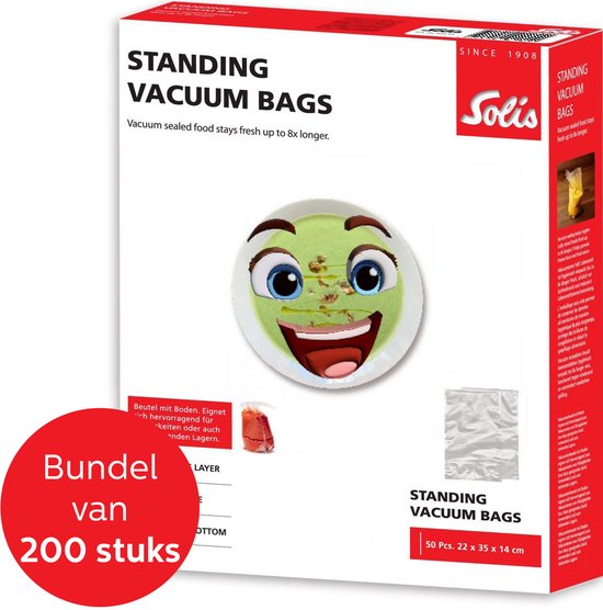 Emballage des sacs sous vide Solis, montrant les sacs et un visage de dessin animé, en néerlandais et en anglais.
