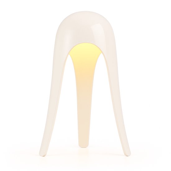 Witte design tafellamp met gebogen poten en een warme gloed binnenin.