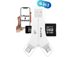 Setix SD Kaart lezer – Geschikt Voor iPhone, Android, USB & Type-C (Te Gebruiken Voor Alle Apparaten) – Plug & Play Geheugenkaart lezer 4-in-1 – SD & Micro SD (TF) – 2025 Model - Wit