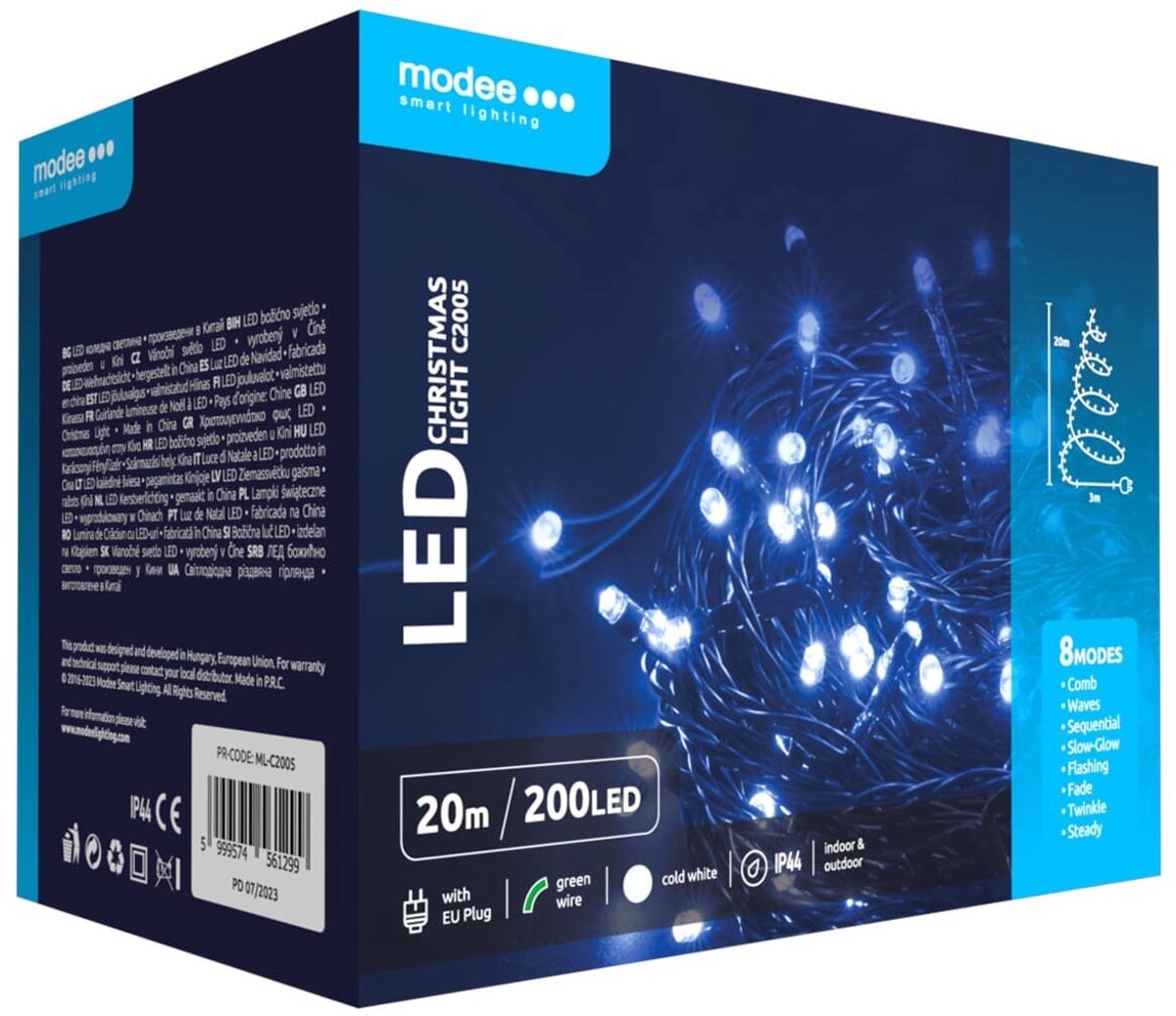 Modee Lichtsnoer Kerst 20 Meter - Kerstverlichting voor Buiten en Binnen - 200 LED Lampjes 8 Lichtstanden - IP44 - 10.000K - Koud Wit Licht - 5 stuks