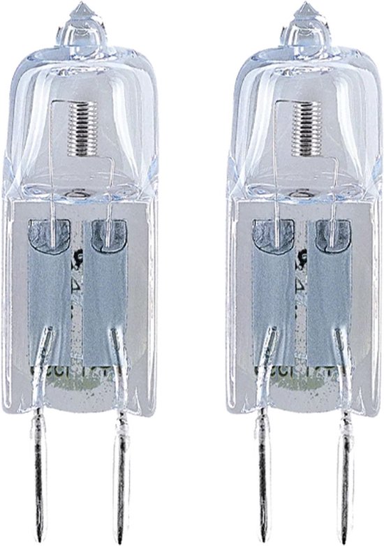 Twee Osram G4 halogeenlampjes met dubbele pin, helder glas en metalen voet.