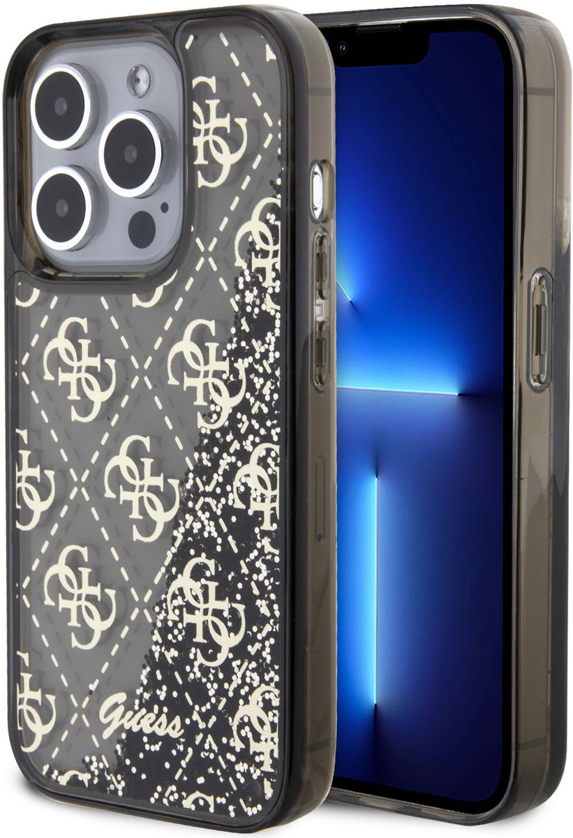 Guess Back Cover - Apple iPhone 15 Pro - Zwart - Liquid Glitter - Schokabsorberend TPU