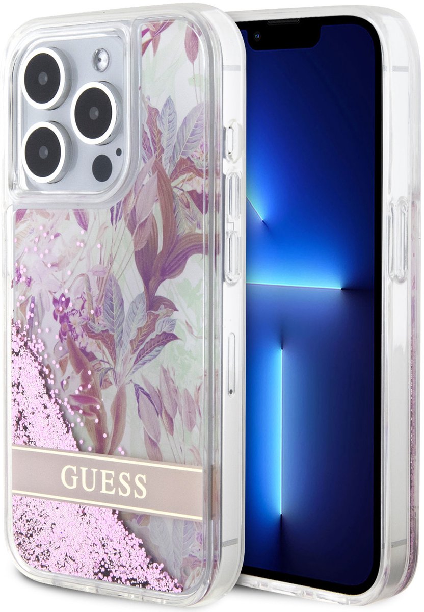 Guess Back Cover - Apple iPhone 15 Pro - Roze - Liquid Glitter - Flower Pattern