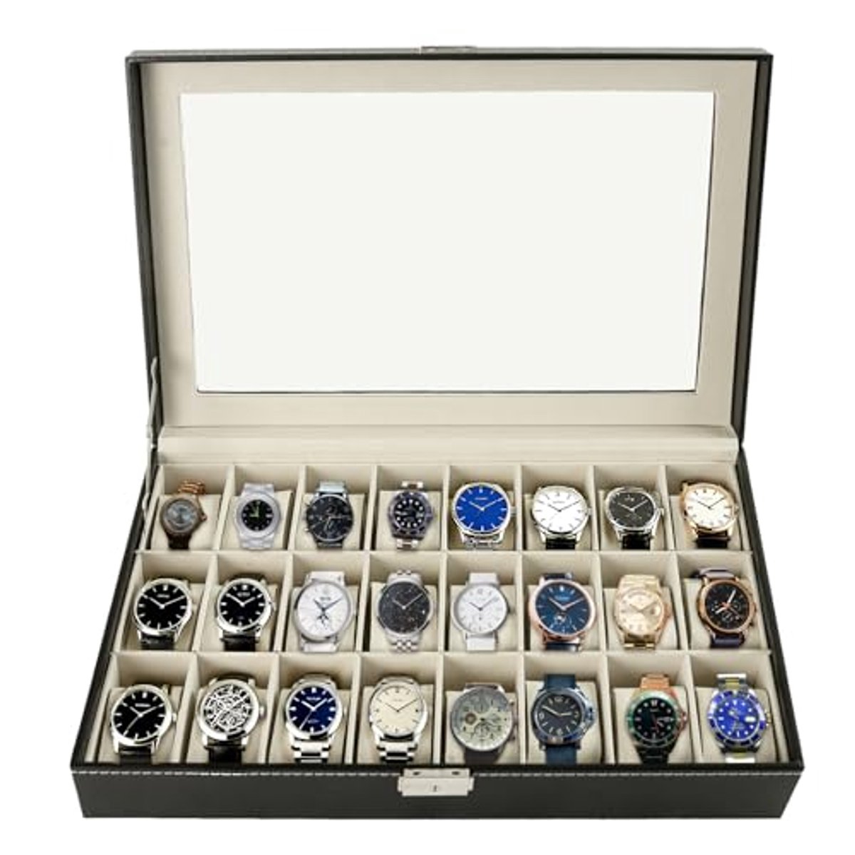 Elegante Horlogedoos met 24 Vakken en Glazen Deksel - Perfect voor Horlogeverzamelaars