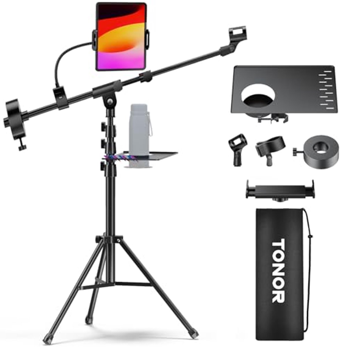 Verstelbare Microfoonstandaard met Tablet- en Bekerhouder - Heavy Duty Standaard met Draagtas