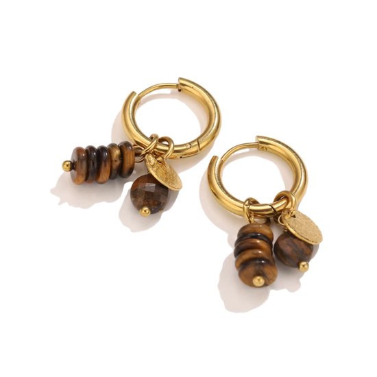 Gouden oorbellen bruin met bedeltjes - tijgeroog - stainless steel