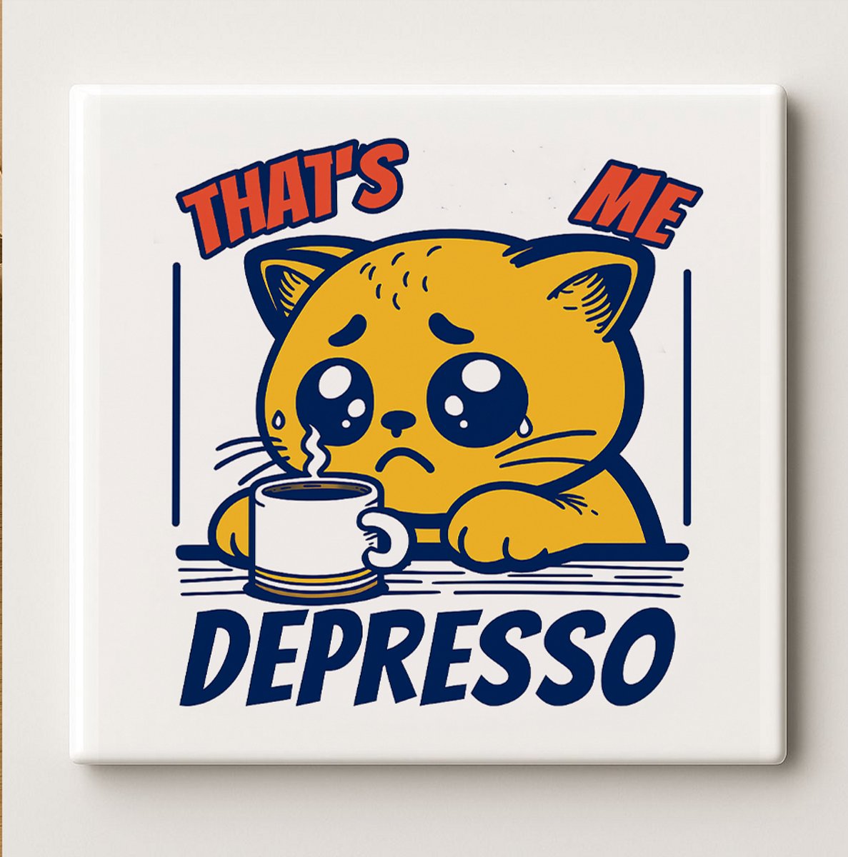 Nevolis That’s Me Depresso Grappige Kat Tegel 15x15cm – Schattige en Humoristische Wanddecoratie, Perfect Cadeau voor Koffieliefhebbers en Kattenfans Multi Color