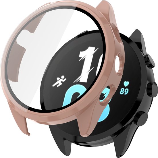 Een roze smartwatch beschermhoesje met glazen scherm, gedeeltelijk over een zwarte smartwatch geplaatst.