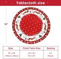 Rond kersttafelkleed van 150 cm met sneeuwvlokken, kerstbomen en bloemen. Maatinformatie voor 2-6 personen.