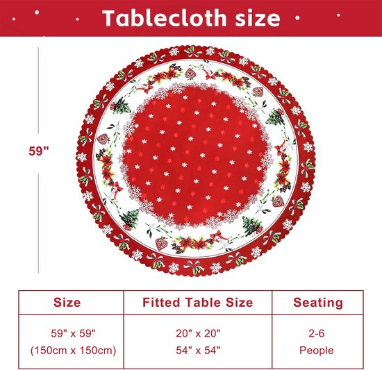 Rond kersttafelkleed van 150 cm met sneeuwvlokken, kerstbomen en bloemen. Maatinformatie voor 2-6 personen.