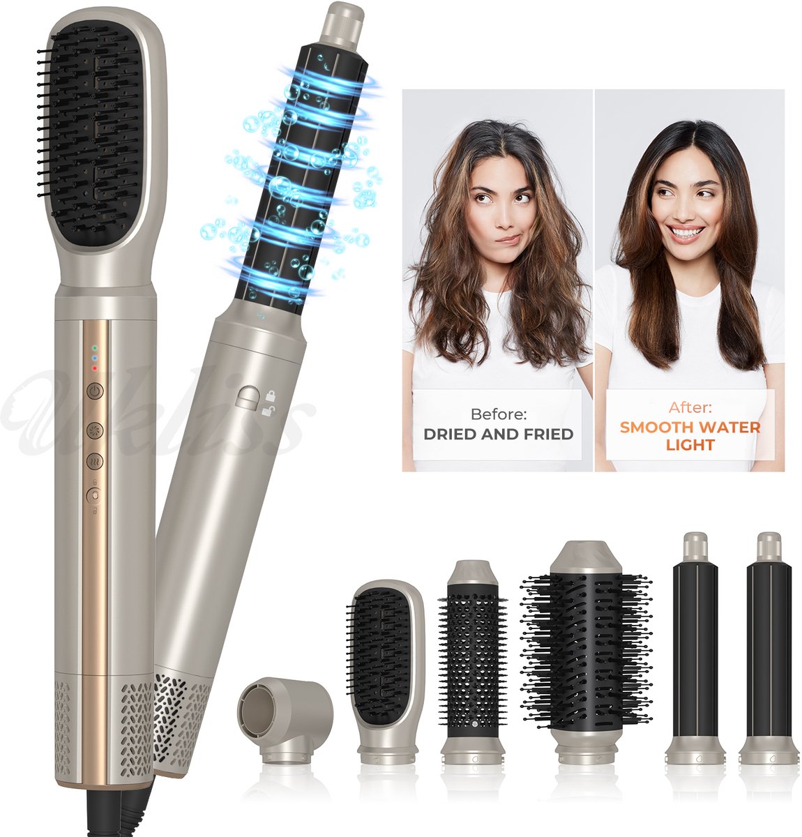UKLISS® 6-in-1 Airstyler – Föhnborstel – Krulborstel – Krultang – Stijltang – Warmteborstel – Multistyler – Haarstyler met Roterende Kabel – Compacte Föhn – Voor Steilen & Krullen