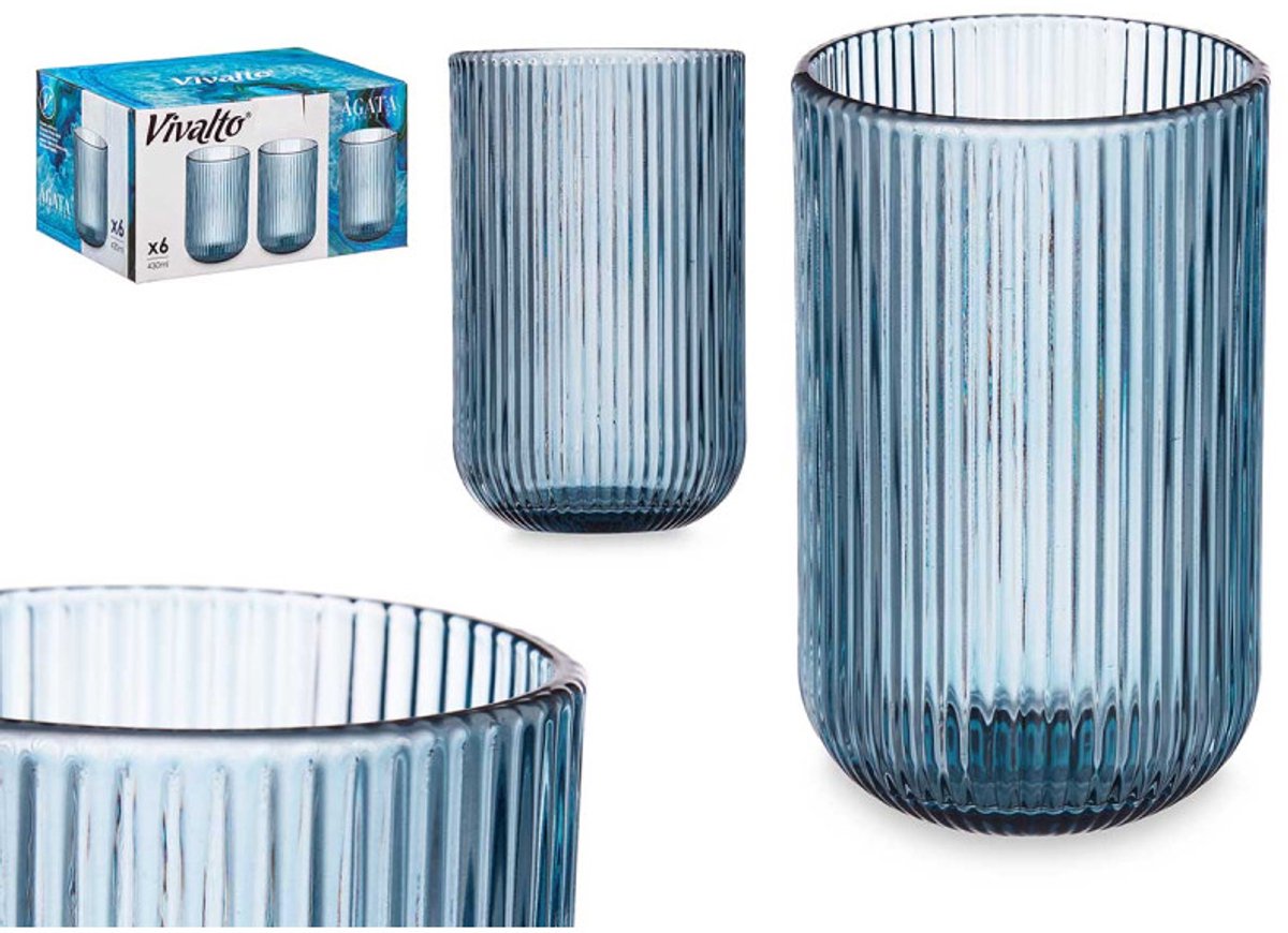 Vivalto Geribbelde Glazen - Set van 6 - Blauw - 430ml - Waterglazen - Sapglazen