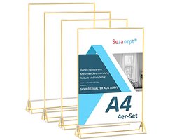Sezanrpt A4 Acryl tekenhouder met gouden bord, set van 4, bruiloft-tafelnummers, displaystandaard, dubbelzijdig, heldere menuhouder voor tafelblad, restaurant, detailhandel, papierhouder, fotolijst