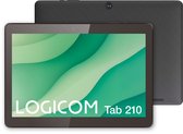 Twee zwarte Logicom Tab 210 tablets, één toont het scherm met een groen golvend achtergrondconcept en de merknaam.