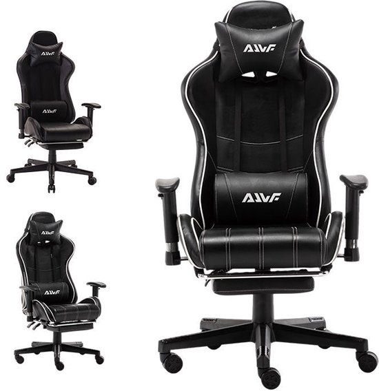 Dowinx Gaming stoel, bureaustoel, gamerstoel, ergonomische gamerstoel met voetensteun, massage gamingstoel, PU-leer, pc-stoel, verbrede rugleuning, 150 kg, zwart