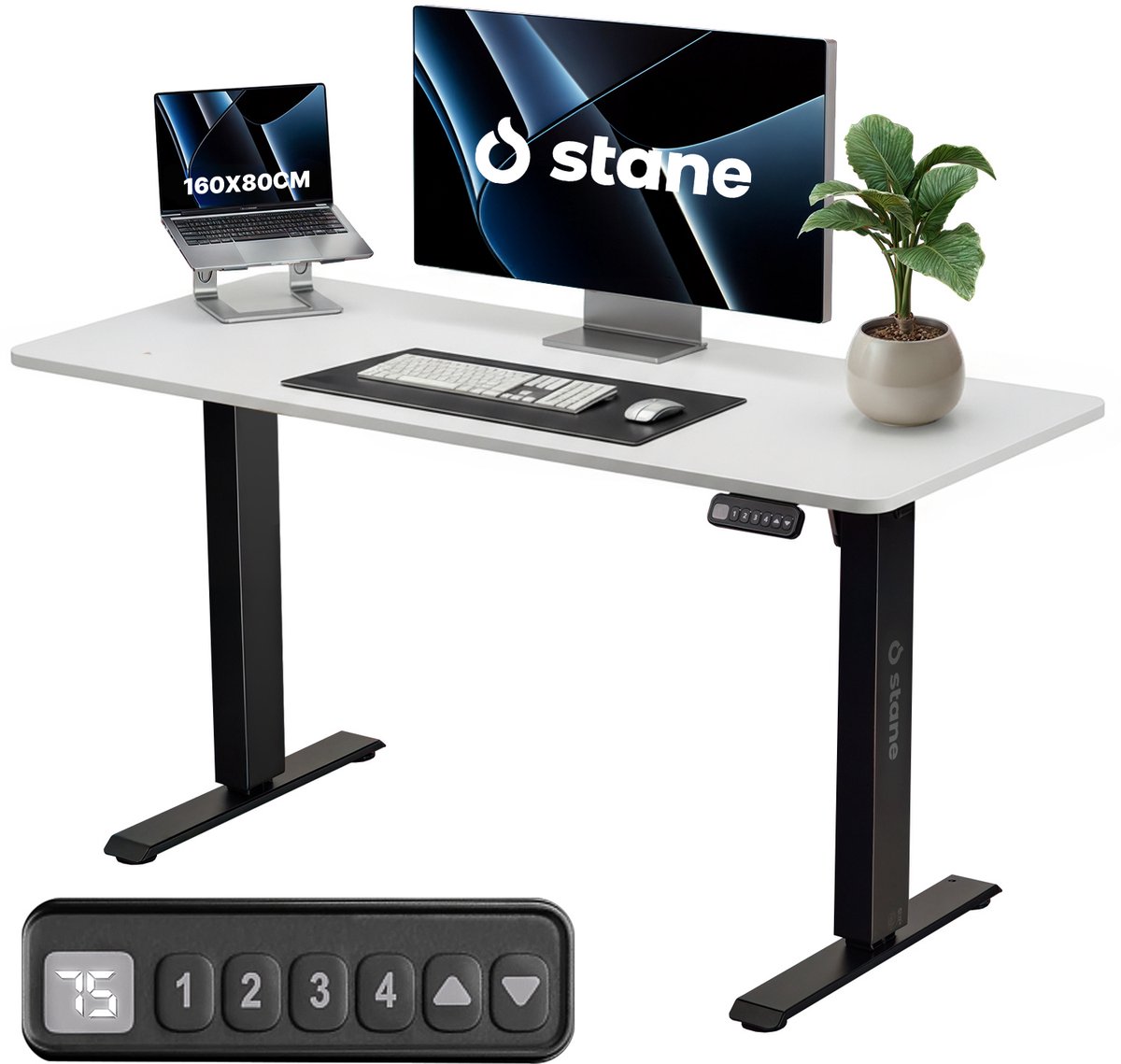 Stane Zit Sta Bureau Elektrisch Verstelbaar - 4 Geheugen Standen - Incl. Kabelgoot - 160 x 80 cm - Wit Blad, Zwart Frame