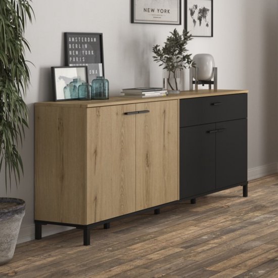 Bahut Tando 180cm industriel - chêne/noir - Gautier - Gami - Armoires de salon - Brun|Noir - Panneaux de particules - Armoires de salon