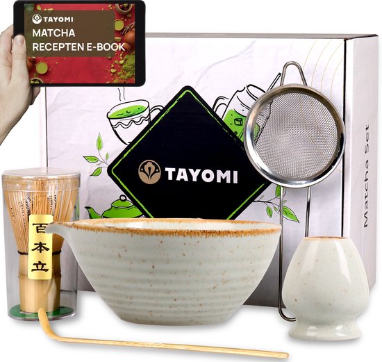 Tayomi Matcha Set van 5 – Complete Matcha Thee Set Met Klopper Whisk, Kom en Zeefje – Inclusief Recepten E-book – Ceremony White – Cadeauverpakking