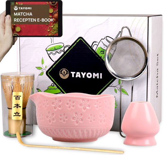 Tayomi Matcha Set van 5 – Complete Matcha Thee Set Met Klopper Whisk, Kom en Zeefje – Inclusief Recepten E-book – Sakura Roze – Cadeauverpakking
