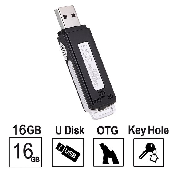 Zwarte digitale voicerecorder met USB-stick, 16GB. Met tekst 'USB DISK RECORDER' en indicatie 'ON/OFF MIC'.