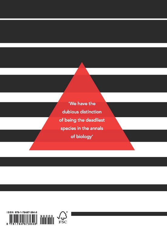 Dos du livre 'Sapiens', avec texte rouge dans un triangle rouge sur fond rayé noir et blanc. Comprend ISBN et logo FSC.