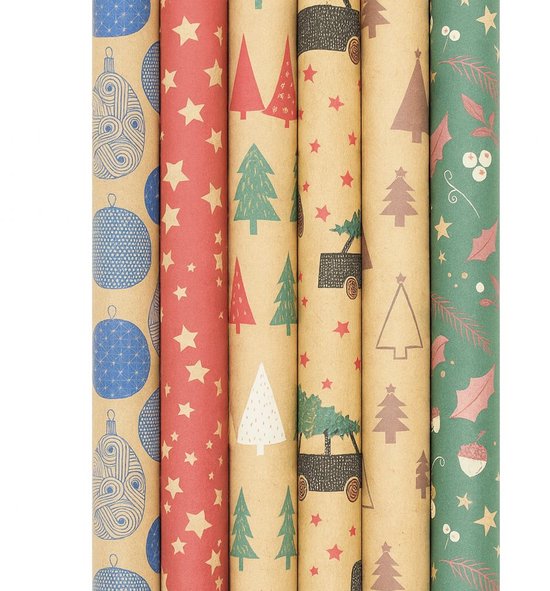 Assortiment de papier cadeau de Noël kraft pour Noël HO25 - 3 mètres x 70 cm - 5 rouleaux