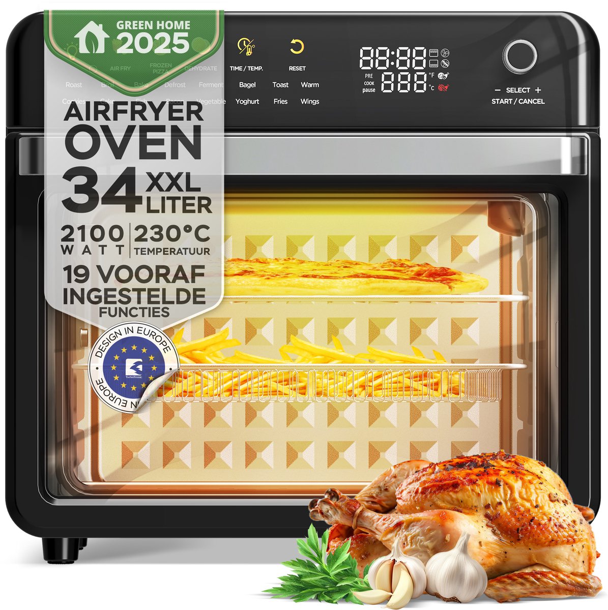 TurboTronic AFO330 AirChef Pro – Airfryer Oven – 34L – 19 Programma’s – 40°C tot 230°C – Heteluchtoven – 2100W – RVS – Multi Smart Oven - Zwart