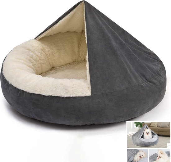 Hondenbed met hoes - Rond hondenbed met deken en capuchon - Zacht en warm hondenbed - 60*60cm formaat hondenbed - Geschikt voor kleine en middelgrote honden om dagelijks te rusten, katten om te slapen en te spelen - Grijs