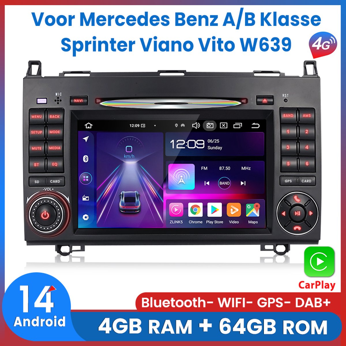 Awesafe Autoradio - Carplay Geschikt voor Mercedes Sprinter - Vito - A/B-Klasse - Volkswagen Crafter - Android 14.0 - Draadloos Apple Carplay & Android Auto - 4GB + 64GB - 8-Core processor - CD/DVD - Touchscreen - GPS Navigatie 4G WiFi - Bluetooth