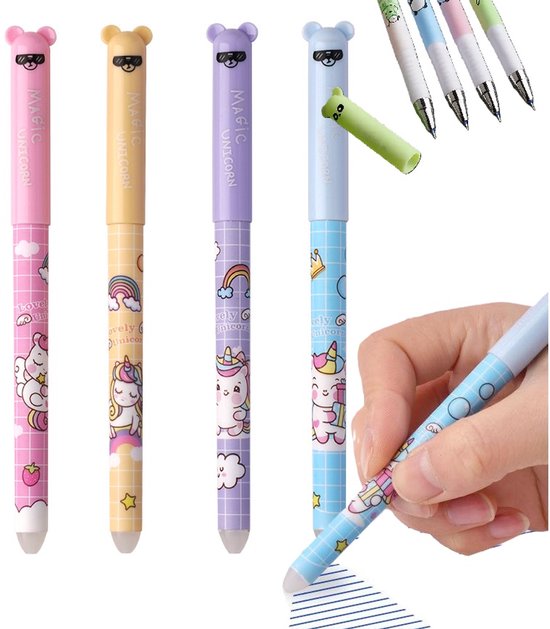 Stylos japonais effaçables Stylos – Unicorn | 4 Pièces | 0,35 mm | Encre bleue | Stylos à bille licorne de dessin animé | École et bureau | Écriture fluide et effaçable