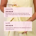 Een vrouw in lichtgele kleding houdt een lichtgele CABAU waterfles vast. Reviewteksten in beeld.