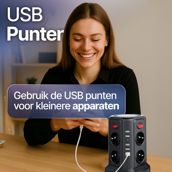 Een lachende vrouw met smartphone en witte kabel naast een zwarte stekkerdoos met USB-poorten.
