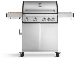 BURNHARD® 4-Brander Gasbarbecue Big Fred, roestvrijstalen grillwagen met zijtafel, gietijzeren rooster, thermometer in deksel, piëzo-ontsteking, incl. afdekkap - Deluxe met Keramische Branders en Kookplaat