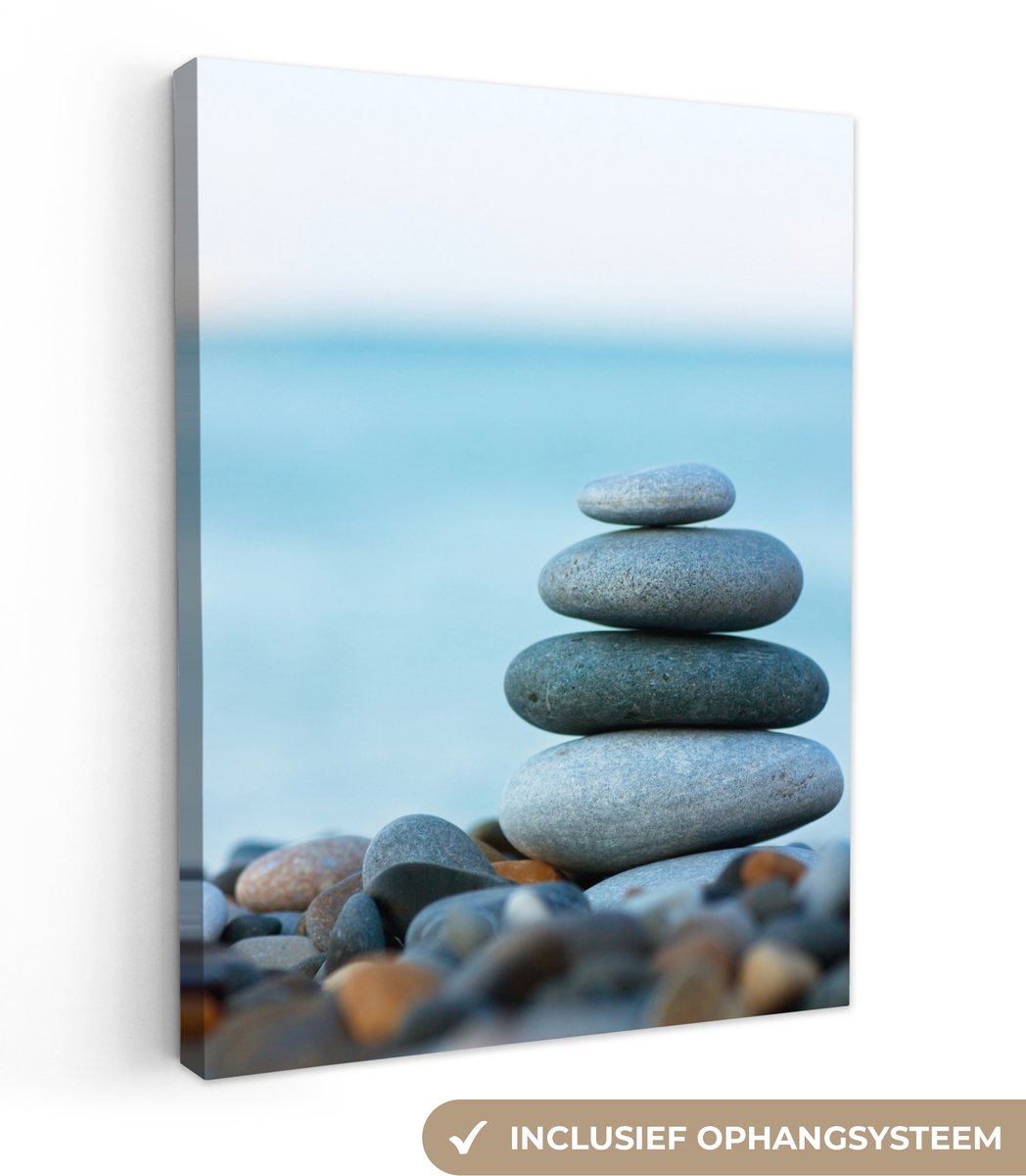 Canvas schilderij 120x160 cm - Wanddecoratie badkamer Stenen - Landschap - Zee - Zen - Muu