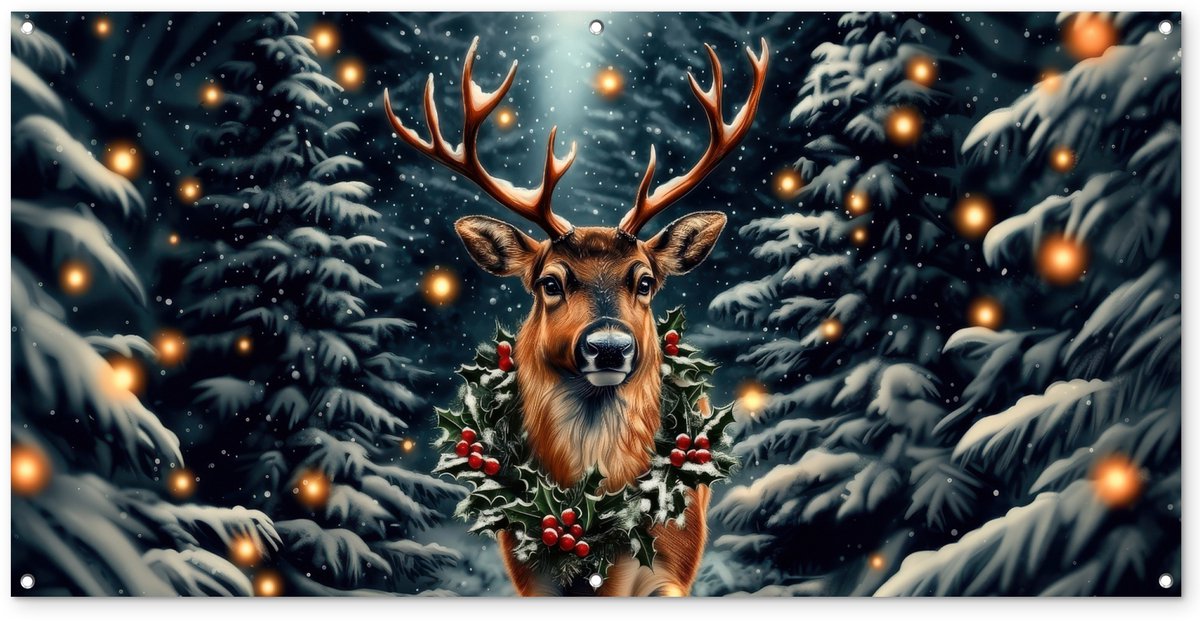 Tuinposter Kerstthema met magisch en kleurrijk bosontwerp voor buitendecoratie - 160x80 cm.