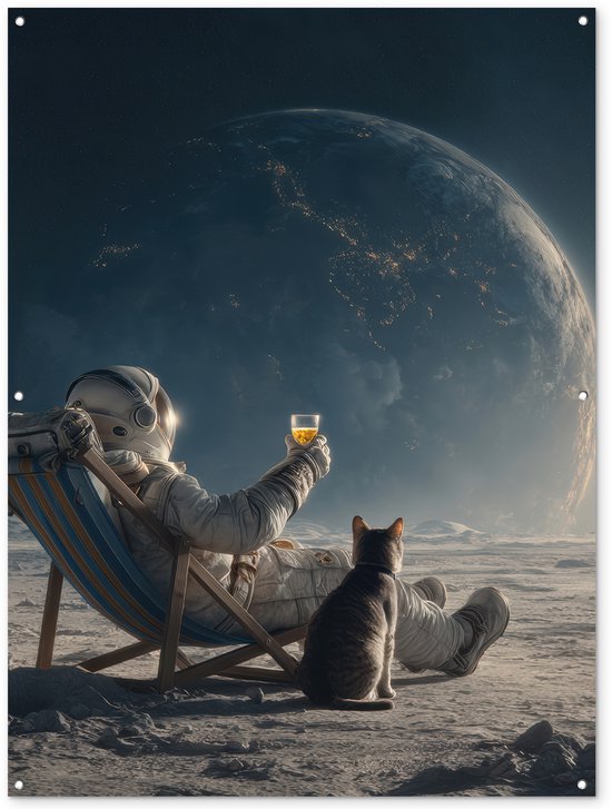 Tuinposter 120x160 cm - Tuindecoratie Maan - Kat - Astronaut - Ruimte - Poster voor in de tuin - Buiten decoratie - Schutting tuinschilderij - Tuindoek muurdecoratie - Wanddecoratie balkondoek