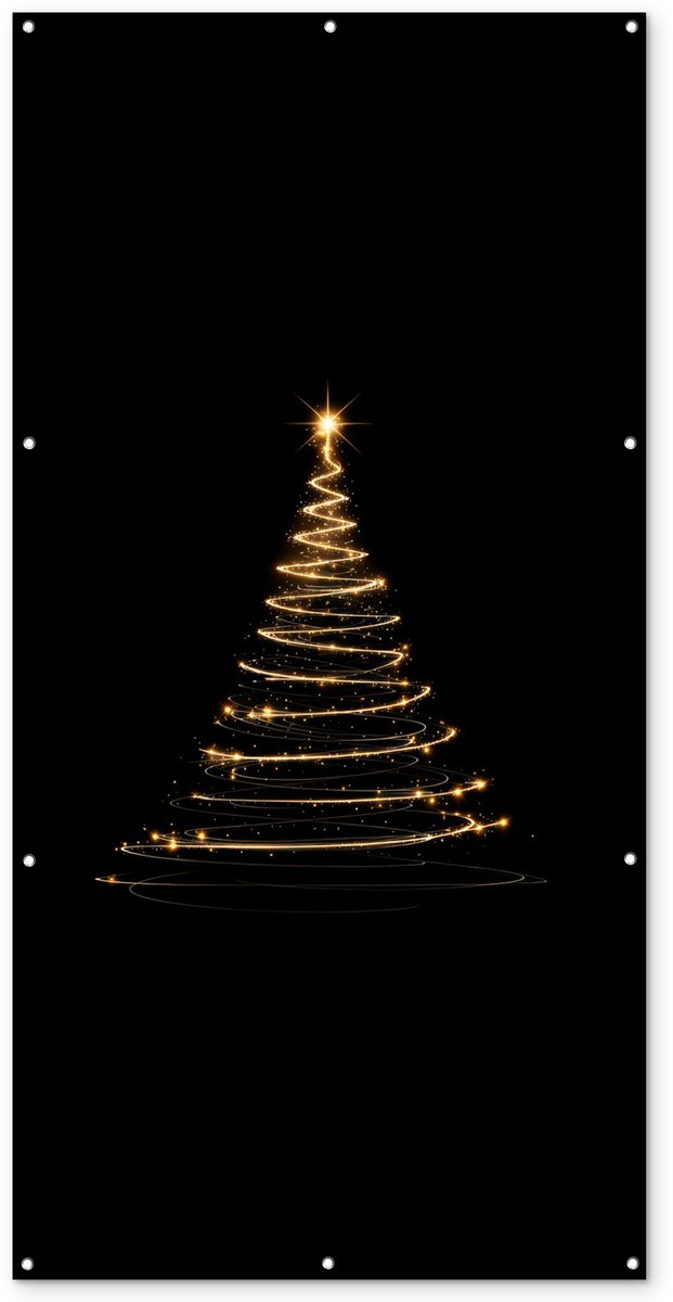 Tuinposter 100x200 cm - Tuindecoratie Magisch - Kerstboom - Lichtspiralen - Zwart - Poster voor in de tuin - Buiten decoratie - Schutting tuinschilderij - Tuindoek muurdecoratie - Wanddecoratie balkondoek Tuinposter met magische kerstboom en lichtspiralen in zwart - 100x200 cm.