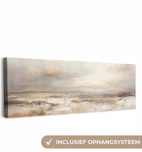 Peinture sur toile représentant un paysage abstrait dans des tons de brun et de gris, avec le texte 'SYSTÈME DE FIXATION INCLUS'.