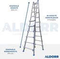 Uitschuifbare aluminium ladder, met 6 hoogtes, maximale hoogte 304 cm en maximale werkhoogte 374 cm.