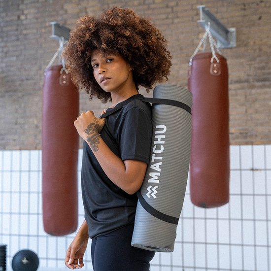 Matchu Sports - Fitness mat - Yogamat - Sportmat - Fitnessmat - Met draagkoord - 180 cm x 60 cm x 0,9 cm - Grijs - NBR