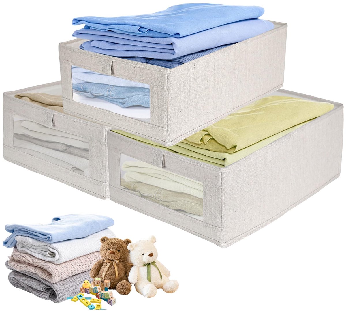 Unyqoos® Set van drie opvouwbare stoffen opbergdozen met venster voor diverse opslag
