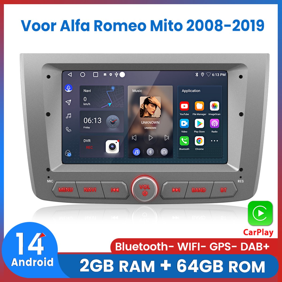 Awesafe Autoradio - Geschikt Voor Alfa Romeo Mito 2008 t/m 2019 - 2GB+64GB - Draadloos Carplay Android Auto - GPS RDS Bluetooth - Navigatie - Zilveren - 2008 2009 2010 2011 2012 2013 2014 2015 2016 2017 2018 2019