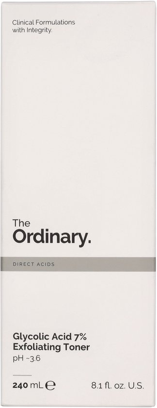 Witte verpakking met zwarte tekst: The Ordinary Glycolic Acid 7% Exfoliating Toner pH ~3.6 240 mL.