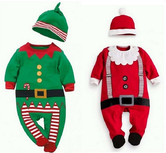 Een set van twee kerstpakjes: een elfjes romper en een kerstman romper met mutsen.